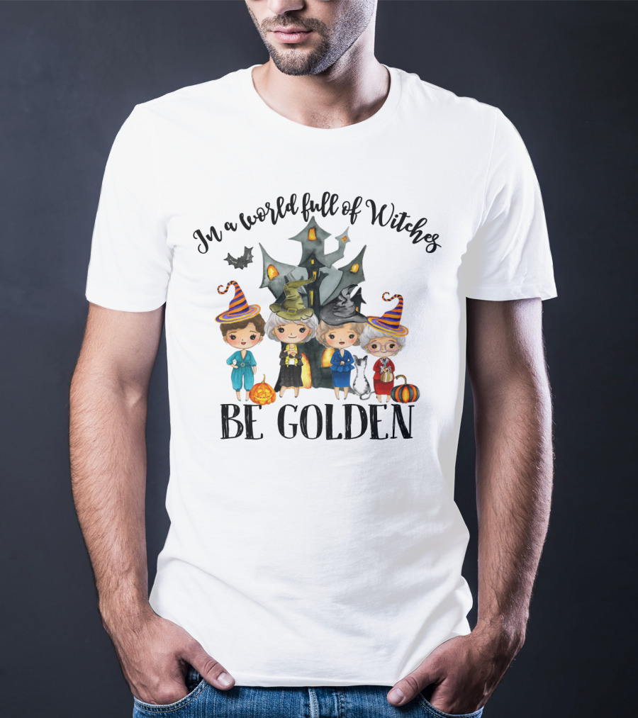 In A World Full Of Witches Be Golden Funny Halloween Girls House Cat Pumpkins T-Shirt