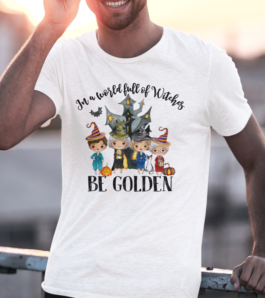 In A World Full Of Witches Be Golden Funny Halloween Girls House Cat Pumpkins T-Shirt