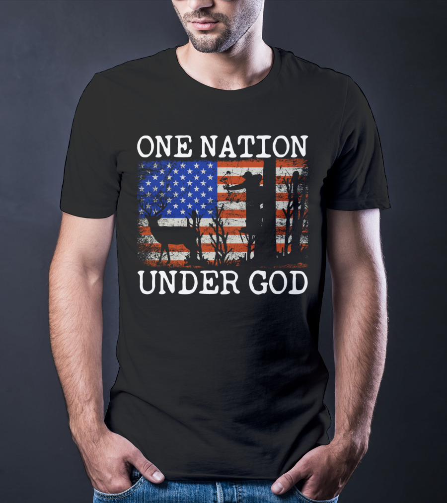 One Nation Under God American Flag Deer Hunting Bow Hunter T-Shirt