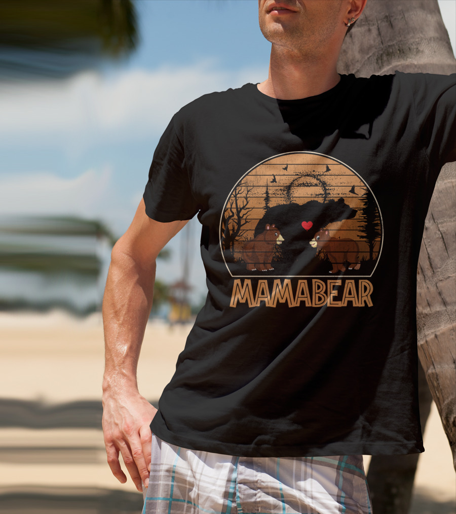 Mama Bear Vintage Sunset With Bears And Heart In Forest Scene T-Shirt