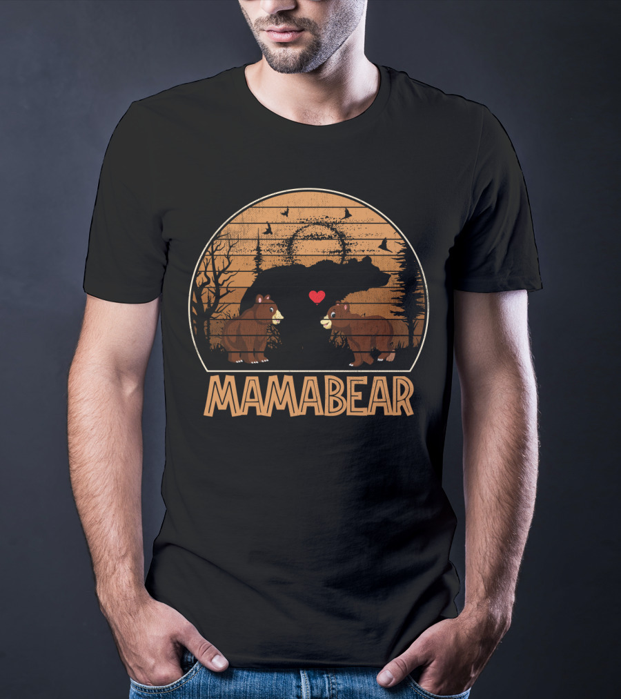 Mama Bear Vintage Sunset With Bears And Heart In Forest Scene T-Shirt