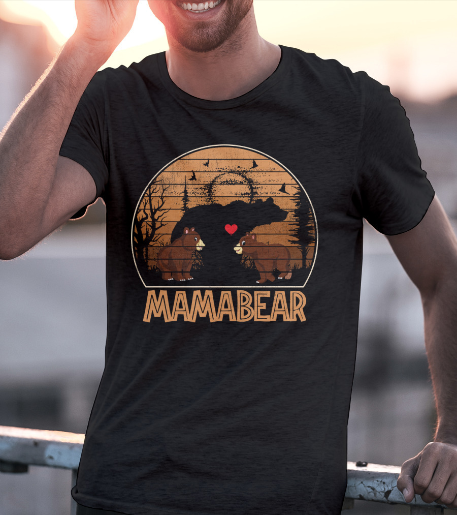 Mama Bear Vintage Sunset With Bears And Heart In Forest Scene T-Shirt
