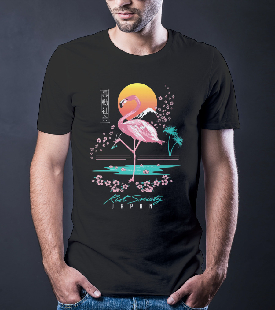 Riot Society Japan Flamingo Blossom Sakura Sunset T-Shirt