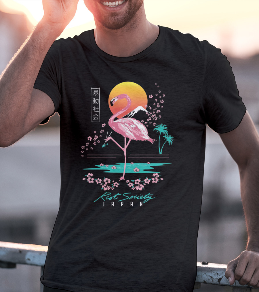 Riot Society Japan Flamingo Blossom Sakura Sunset T-Shirt