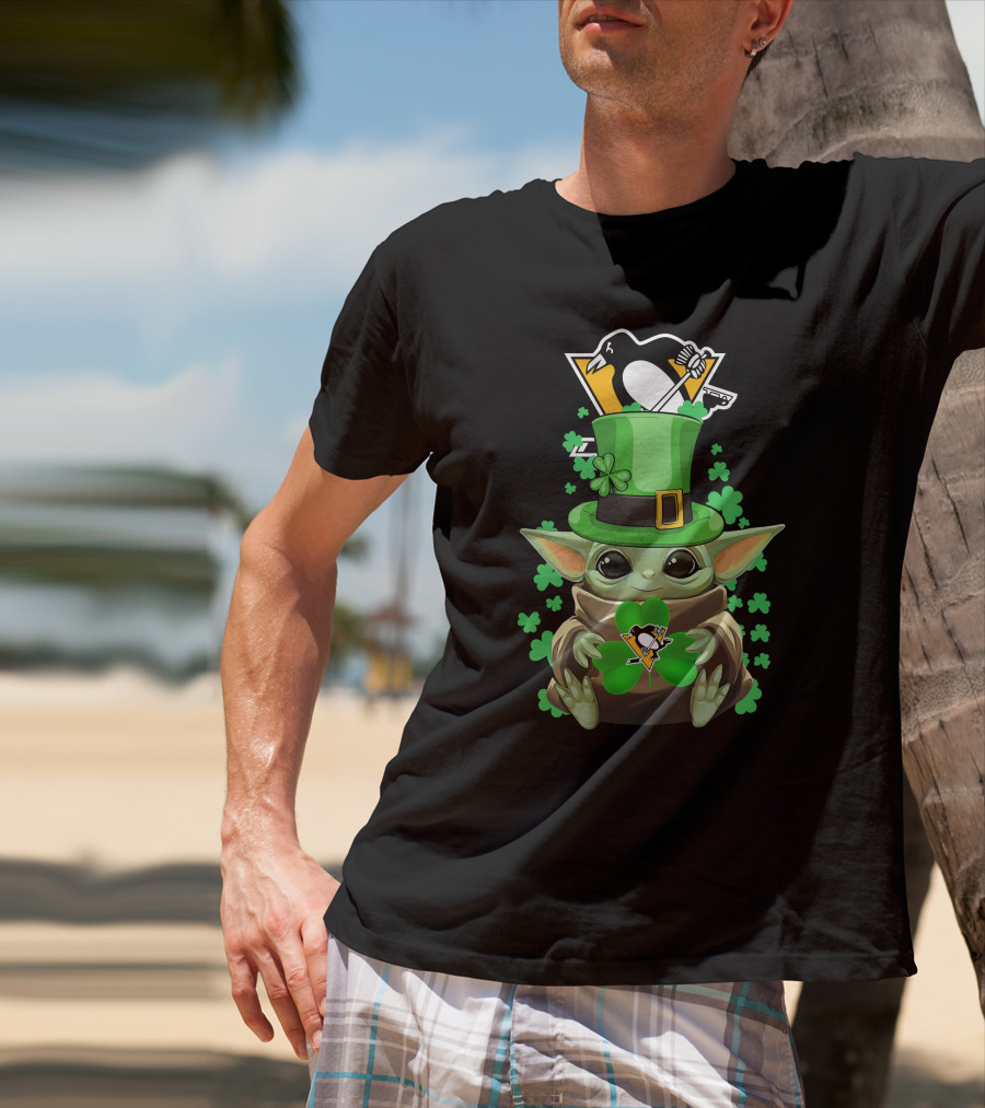 Baby Yoda Penguins St. Patrick's Day Shamrock T-Shirt