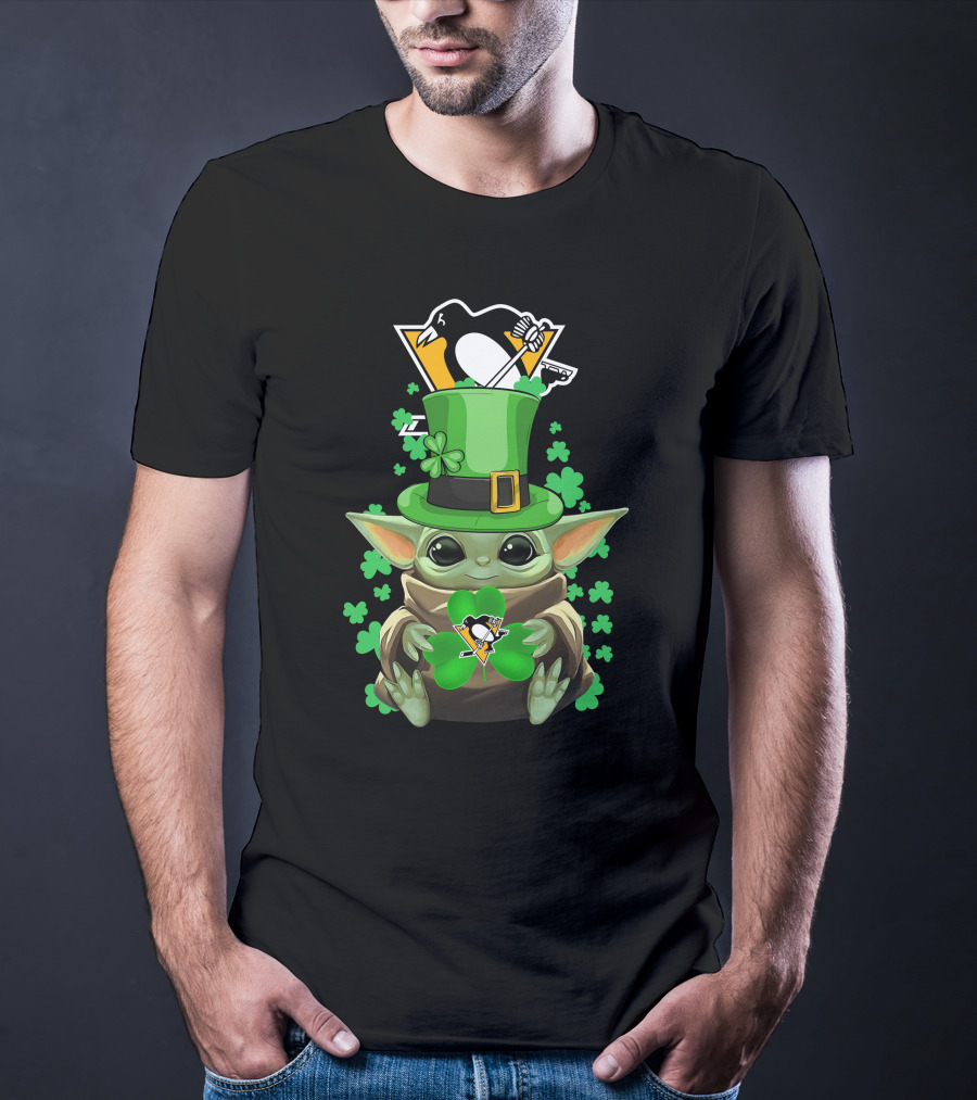 Baby Yoda Penguins St. Patrick's Day Shamrock T-Shirt