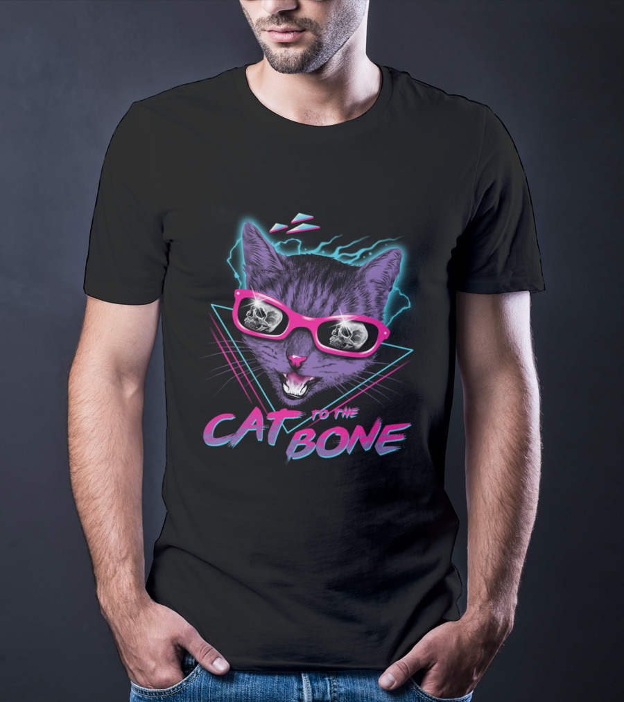CAT TO THE BONE Retro Neon Cool Cat In Sunglasses With Skull Reflections T-Shirt
