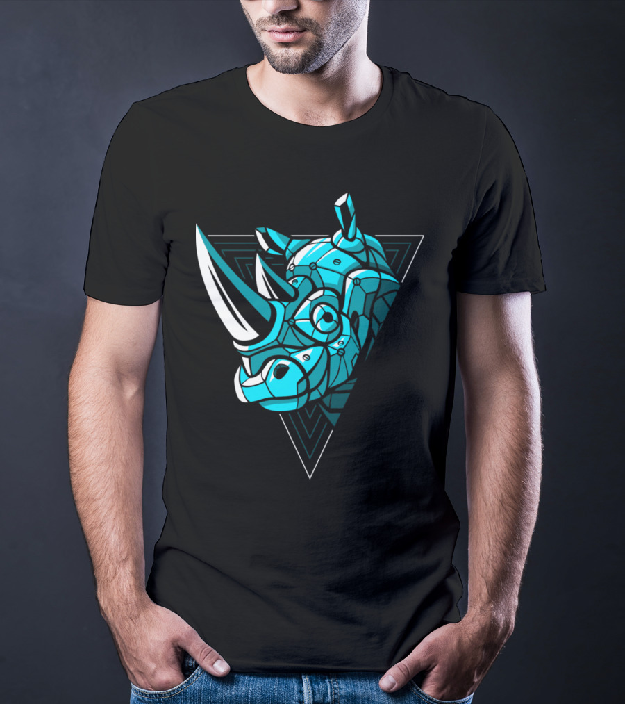 Cybernetic Blue Rhino With Neon Triangle Punk T-Shirt