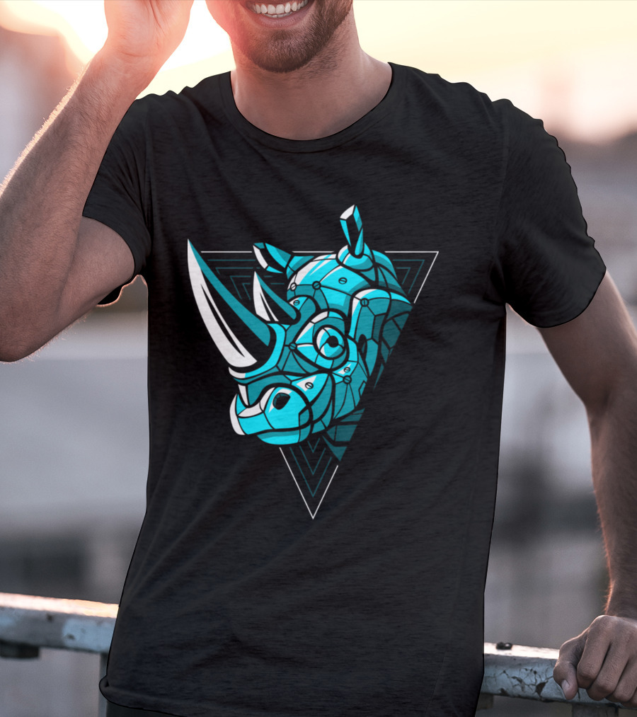 Cybernetic Blue Rhino With Neon Triangle Punk T-Shirt