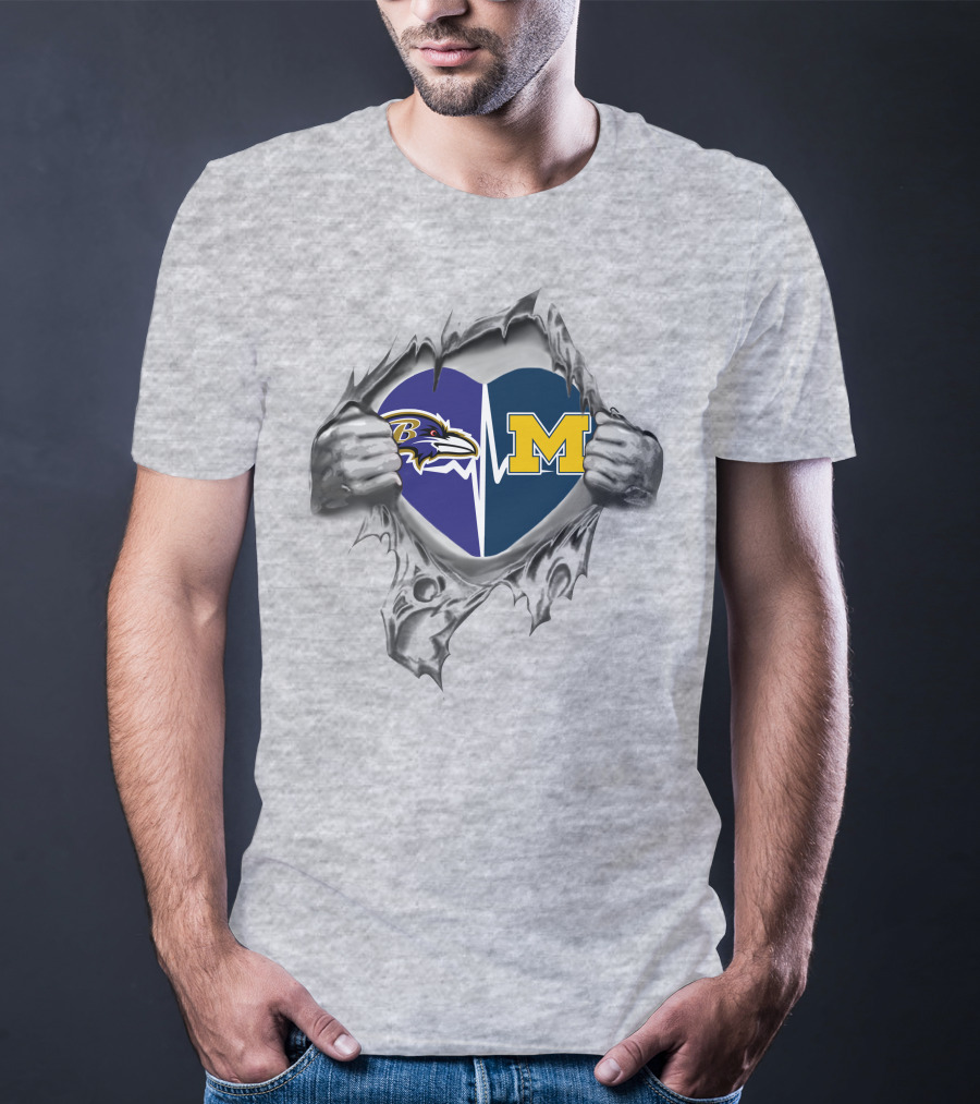 Michigan Wolverines Baltimore Ravens Heartbeat Collaboration T-Shirt