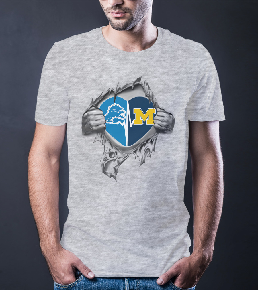 Michigan Wolverines Detroit Lions Heartbeat Logo Fusion T-Shirt