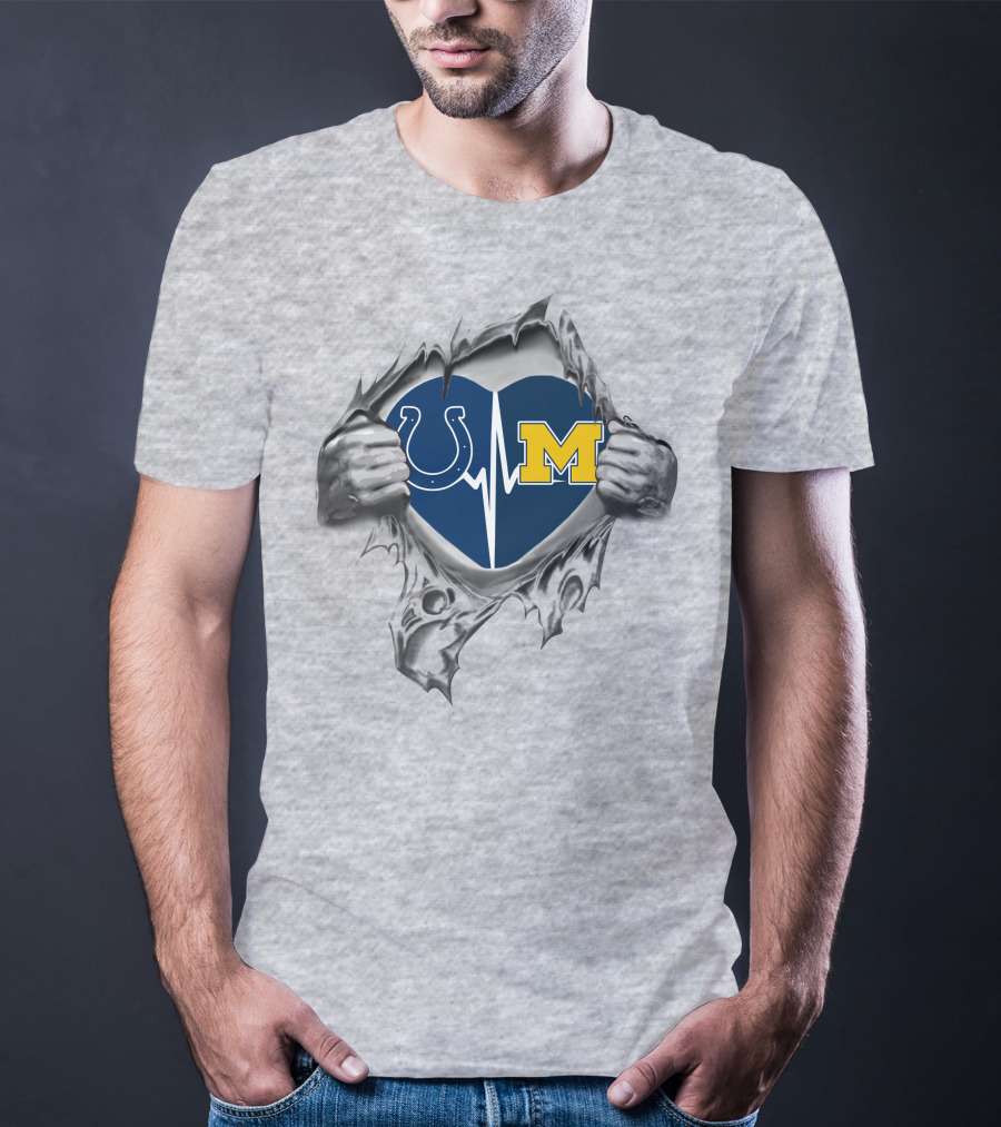 Michigan Wolverines Indianapolis Colts Heartbeat Logo Fusion T-Shirt