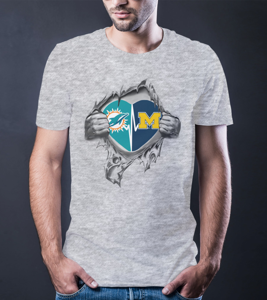 Michigan Wolverines Miami Dolphins Heart Tear T-Shirt