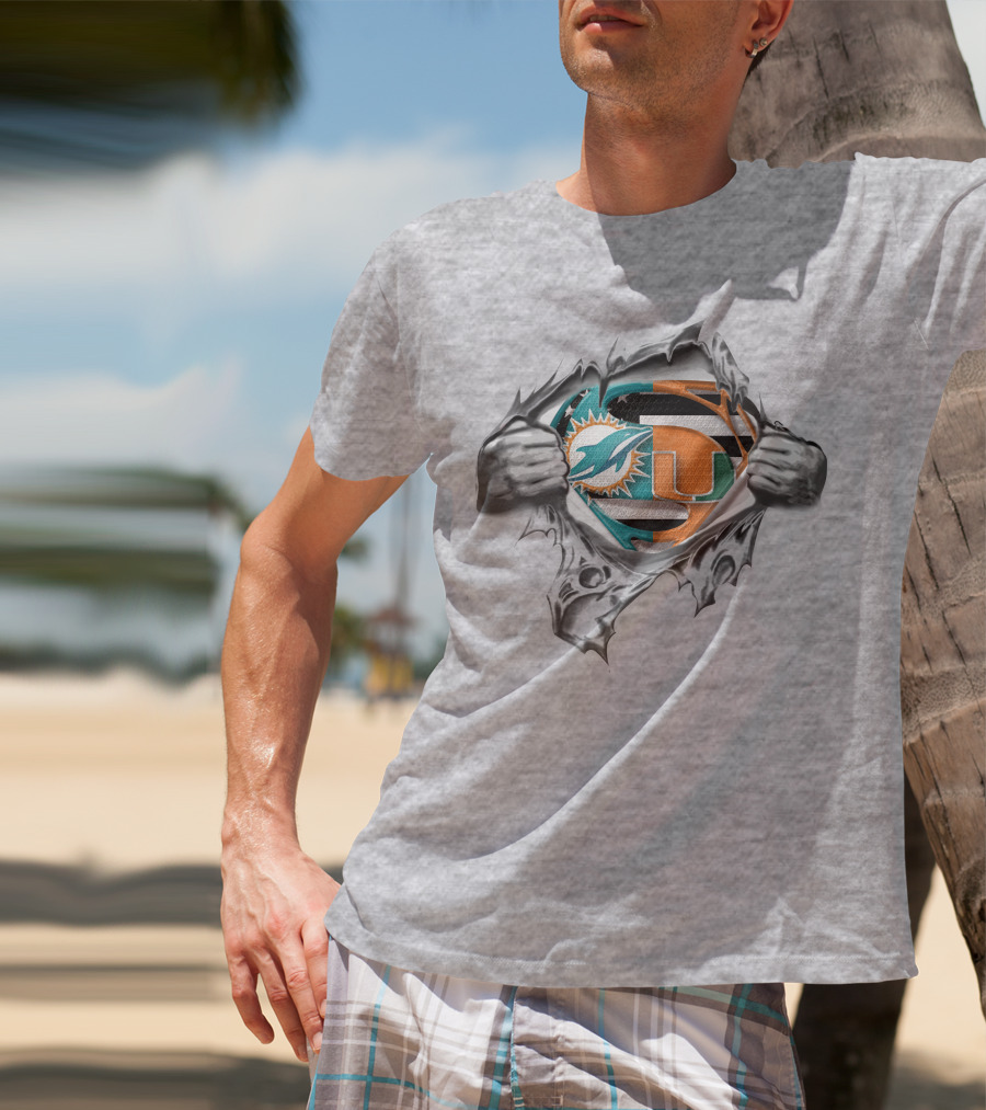 Miami Dolphins Hurricanes Superman Logo Tear Open T-Shirt