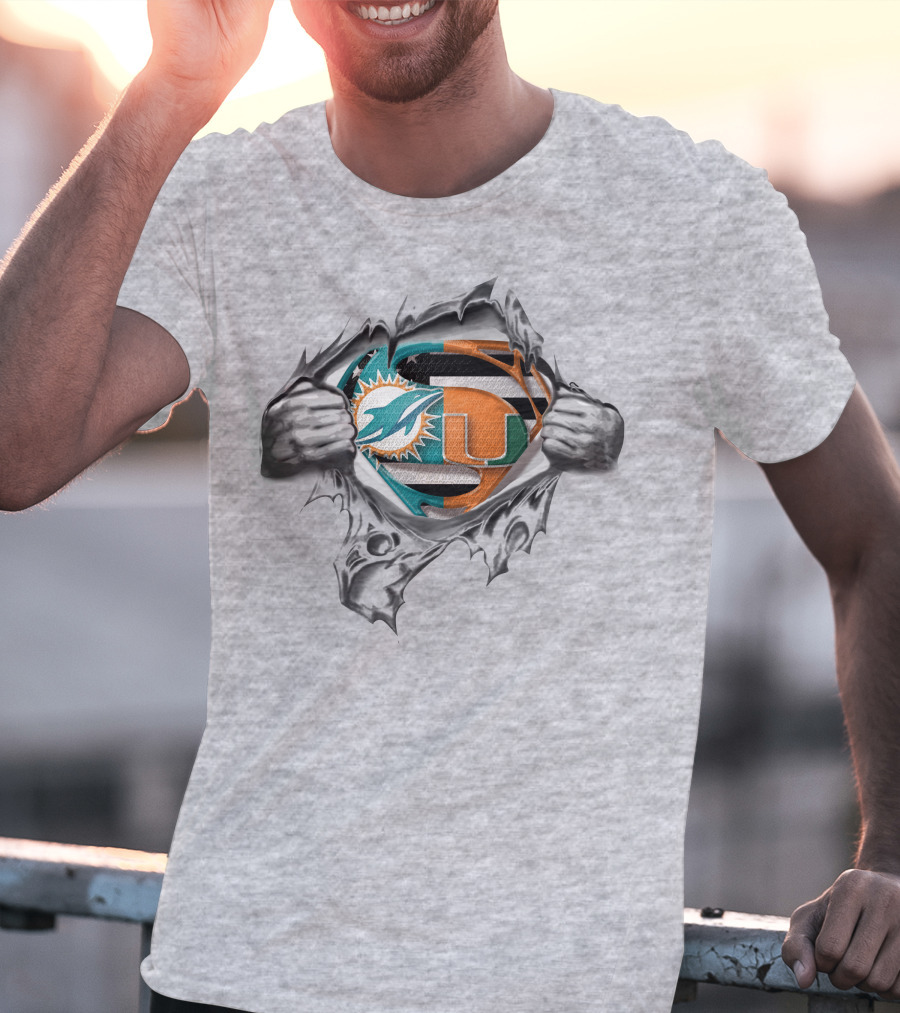 Miami Dolphins Hurricanes Superman Logo Tear Open T-Shirt