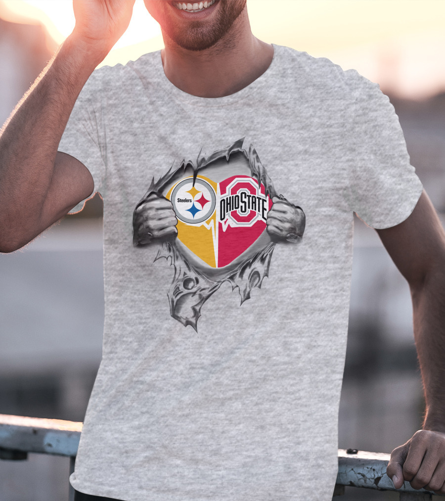 Steelers Heart Ohio State Buckeyes Logo With Ripped T-Shirt