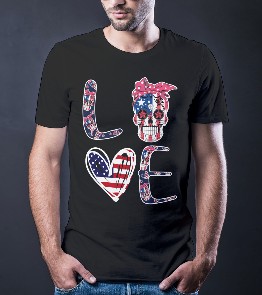Skull Love American Flag Patriotic Bandana T-Shirt