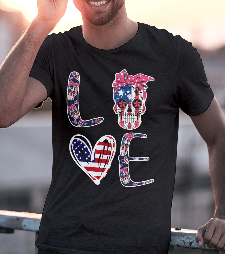 Skull Love American Flag Patriotic Bandana T-Shirt