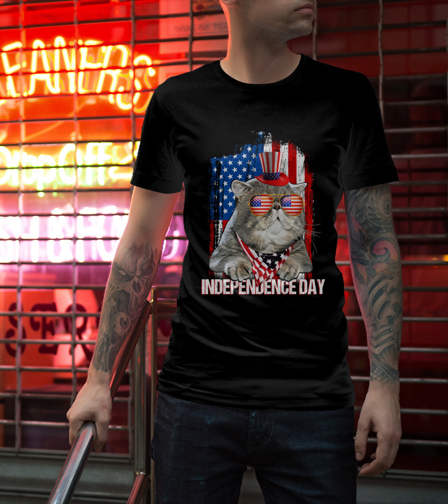 Independence Day Cat With American Flag Glasses And Top Hat T-Shirt