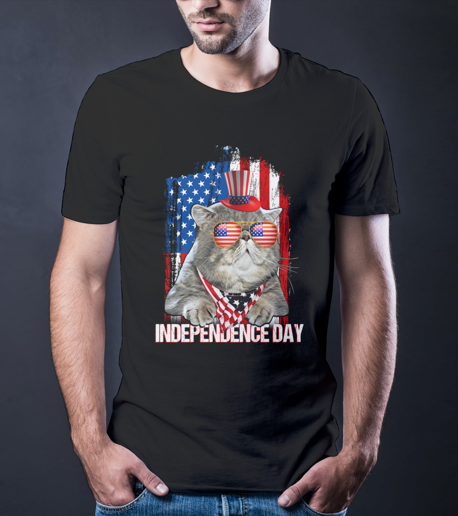 Independence Day Cat With American Flag Glasses And Top Hat T-Shirt