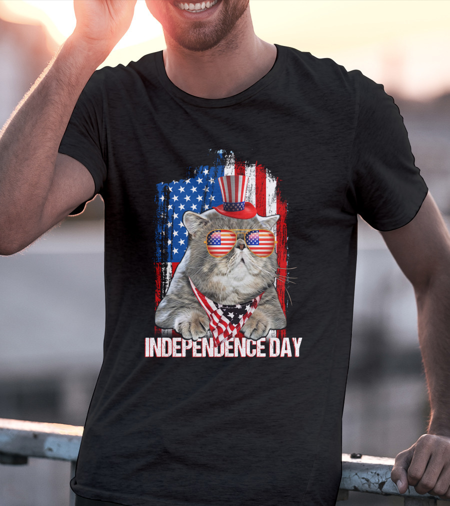 Independence Day Cat With American Flag Glasses And Top Hat T-Shirt