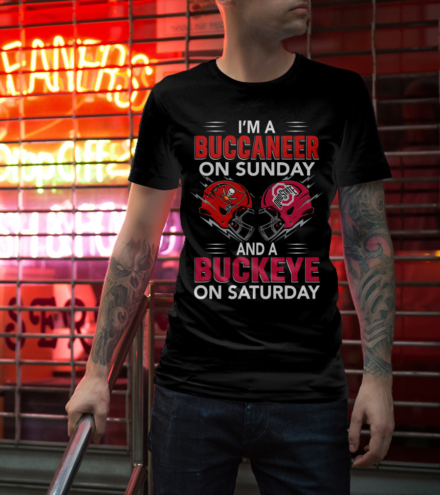 I'm A Buccaneer On Sunday And A Buckeye On Saturday Buccaneer Logo Ohio State Helmet T-Shirt