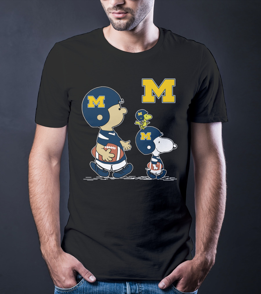 Michigan Wolverines Peanuts Football Characters With Iconic Block M T-Shirt