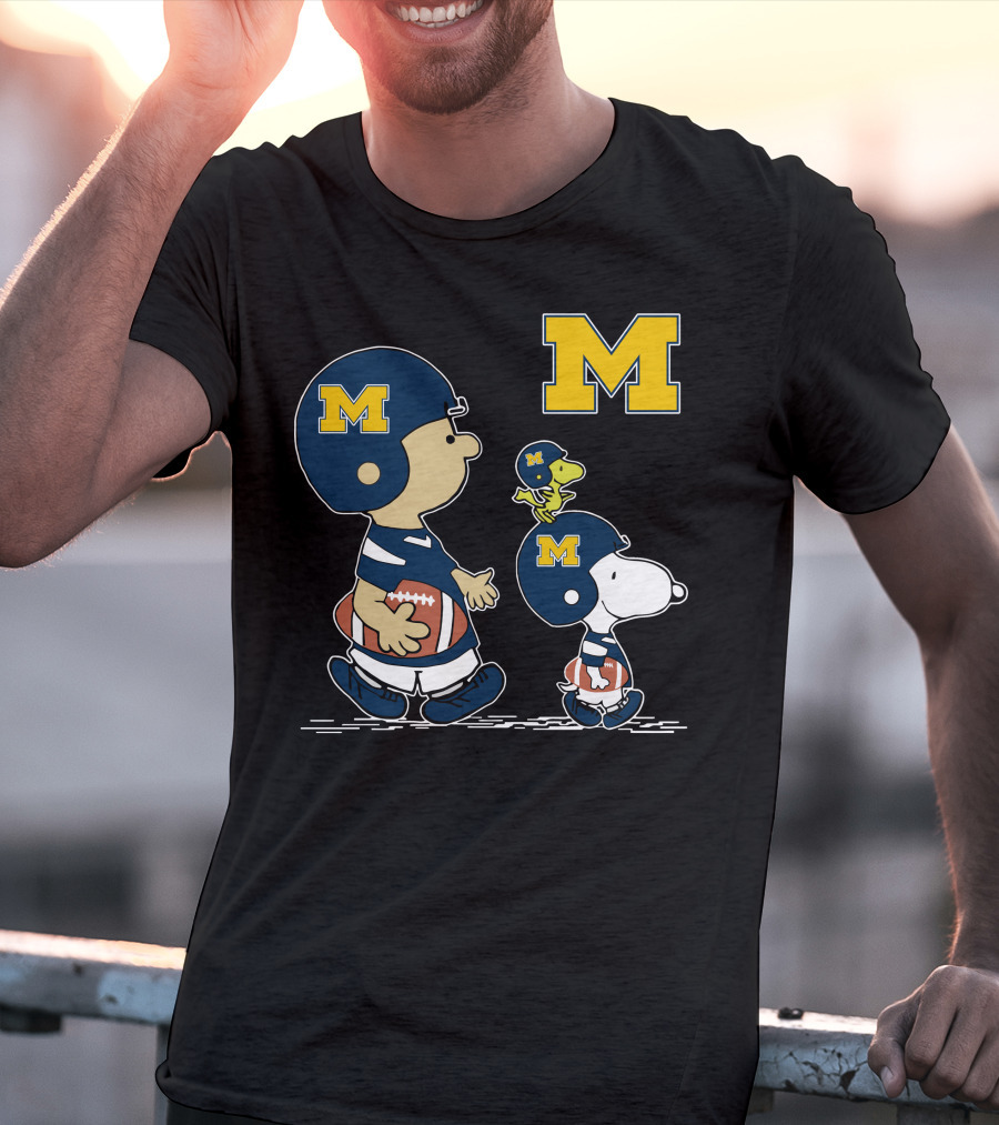 Michigan Wolverines Peanuts Football Characters With Iconic Block M T-Shirt