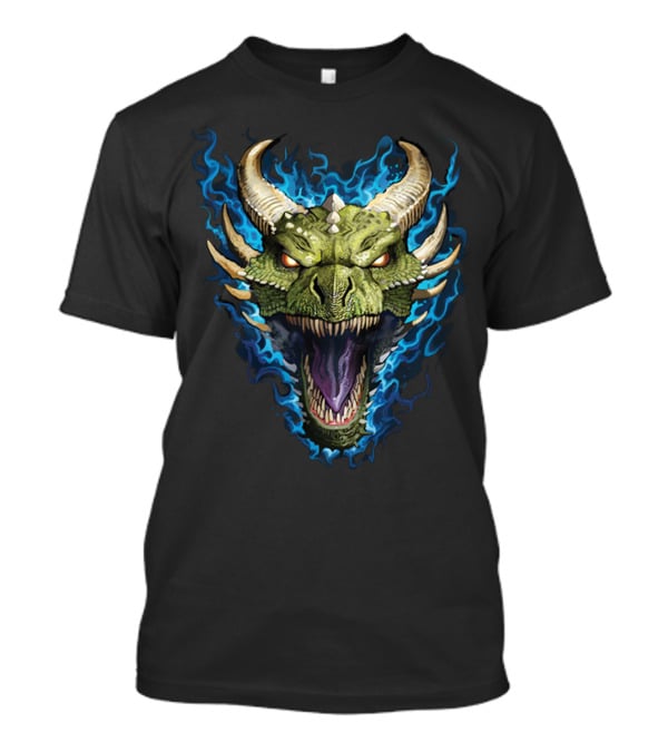 Green Dragon With Blue Flames And Horned Head T-Shirt