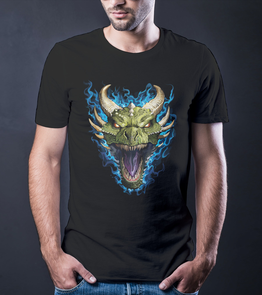 Green Dragon With Blue Flames And Horned Head T-Shirt