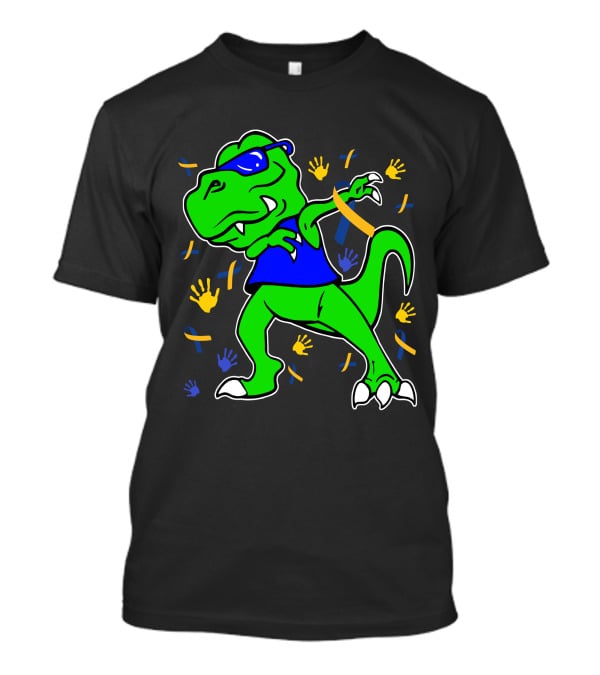 Dabbing Dinosaur With Sunglasses And Autism Awareness Ribbons And Handprints T-Shirt