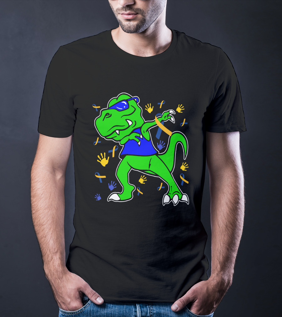 Dabbing Dinosaur With Sunglasses And Autism Awareness Ribbons And Handprints T-Shirt