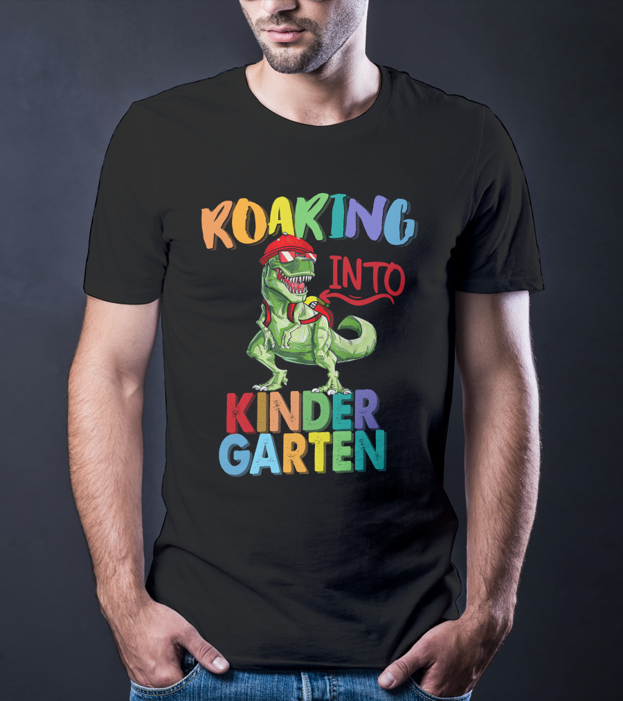 Roaring Into Kinder Garten Dinosaur With Red Cap And Backpack T-Shirt