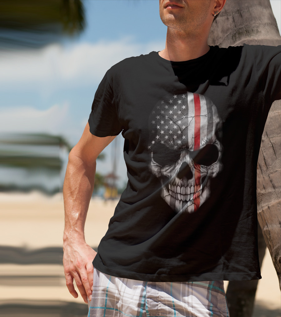 American Flag Thin Red Line Skull T-Shirt