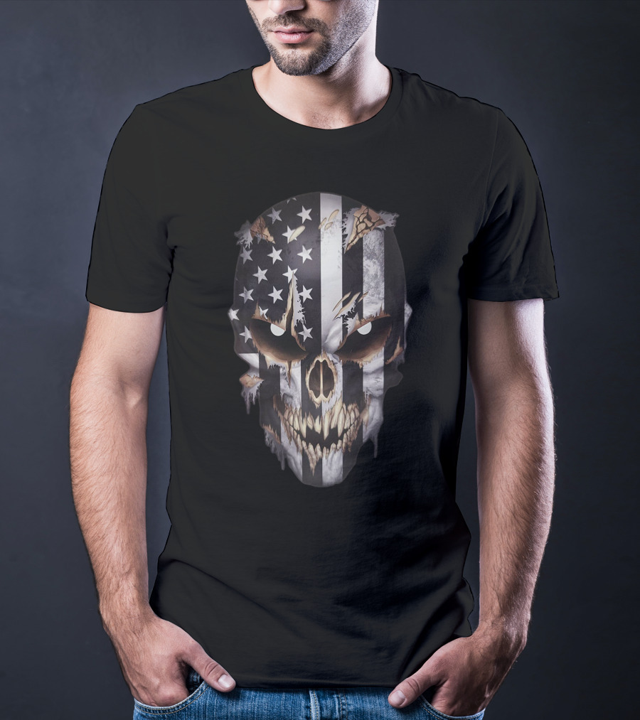 Skull With American Flag And Claw Marks T-Shirt