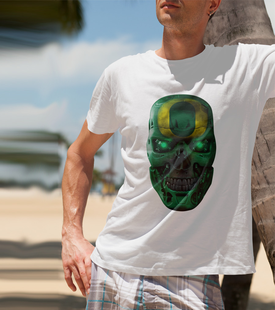 Oregon Ducks Skull Robot Green Neon Eyes T-Shirt