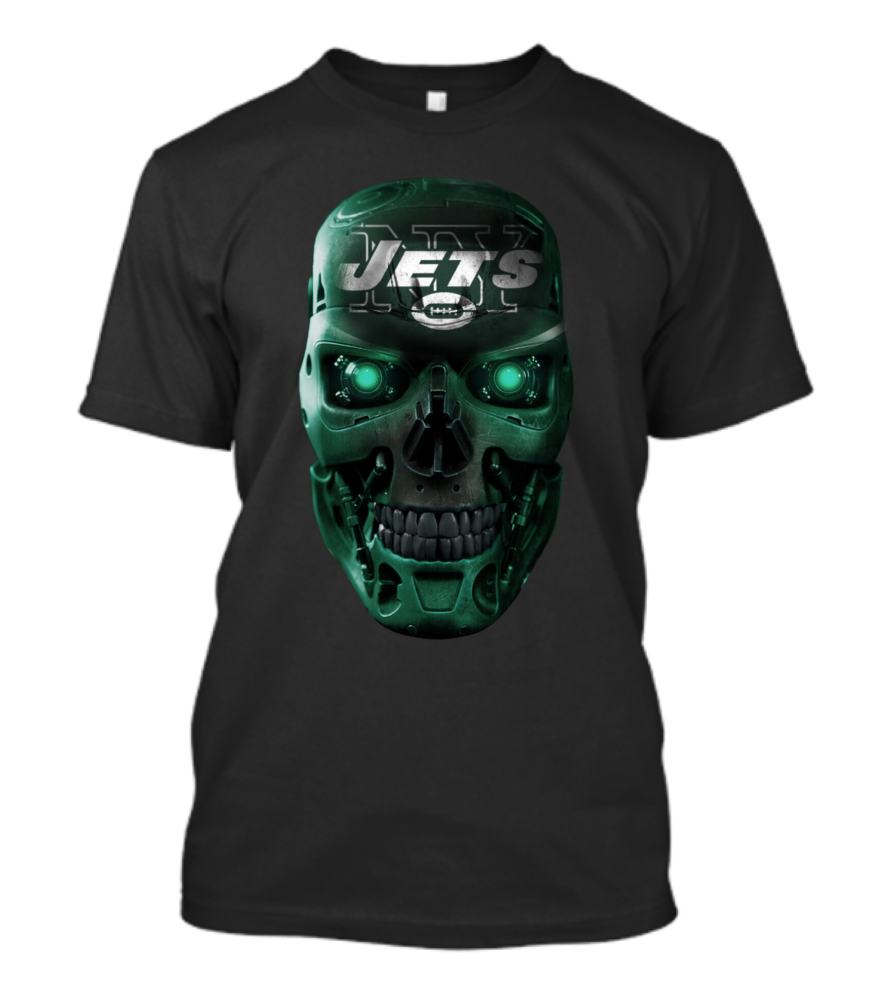 Green Robotic Skull Jets Football T-Shirt