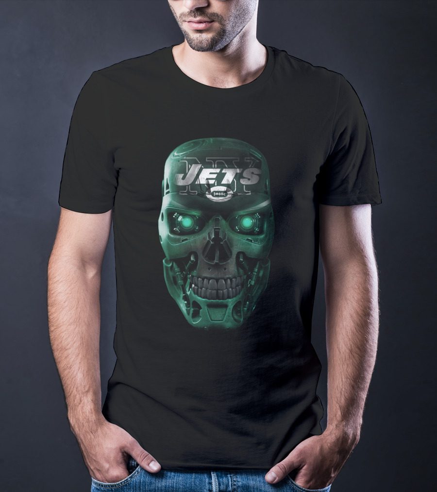 Green Robotic Skull Jets Football T-Shirt