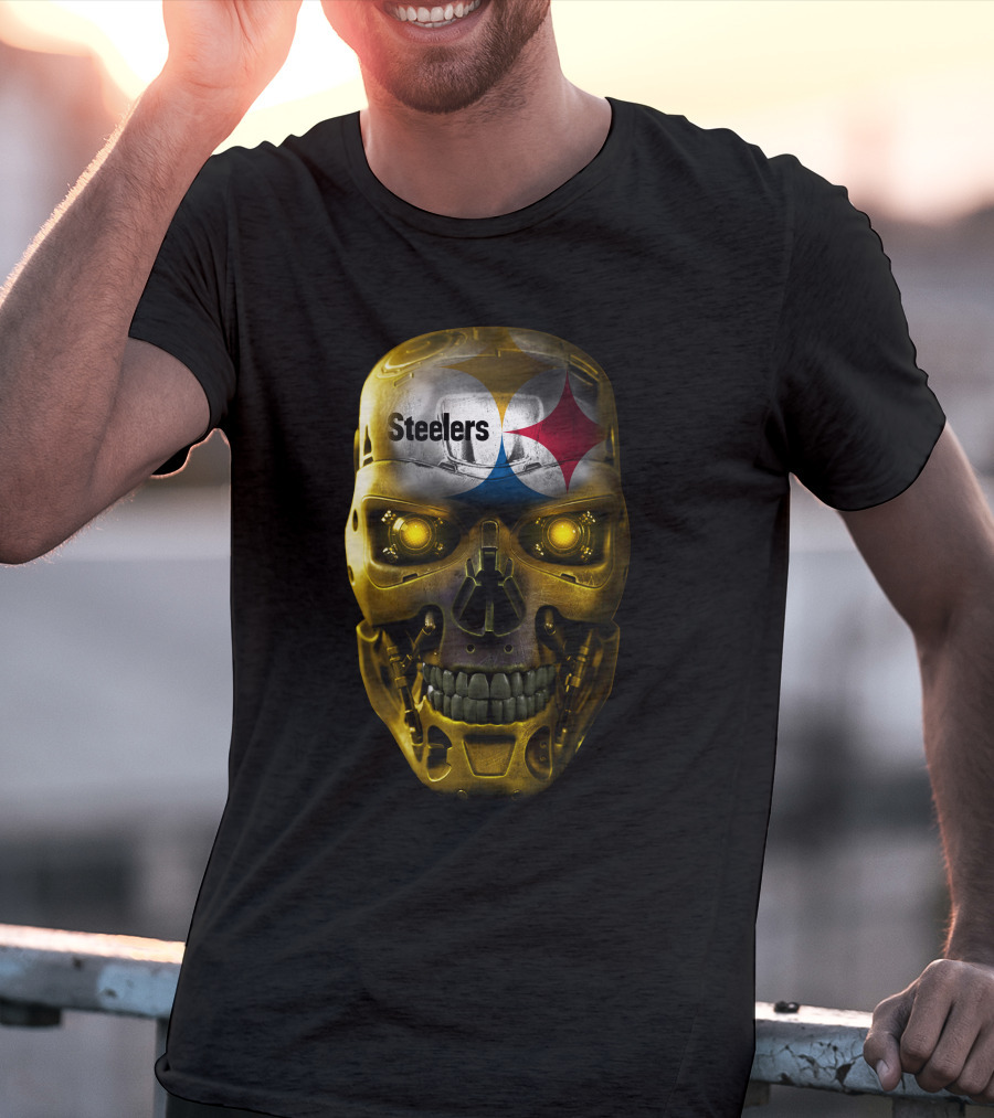 Steelers Skull Cyborg With Logo And Glowing Eyes T-Shirt