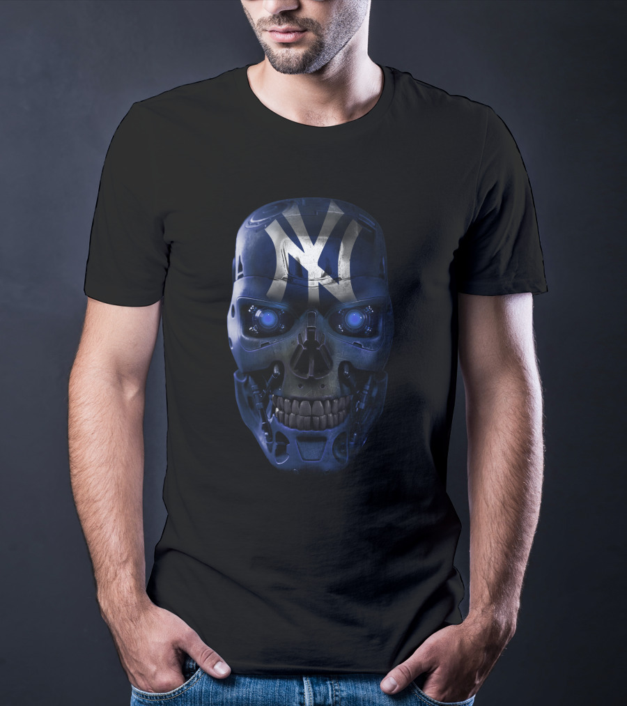 YANKEES SKULL ROBOTIC FACE BLUE GLOWING EYES T-Shirt
