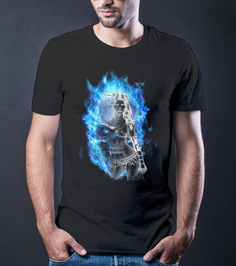 Skull Girl Blue Flames Warrior T-Shirt
