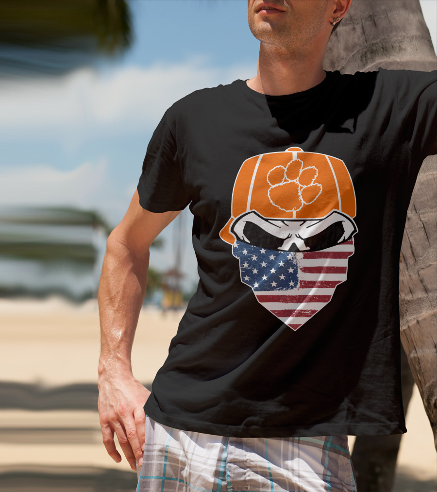 CLEMSON TIGERS Skuls Orange Cap Skull American Flag Bandana T-Shirt