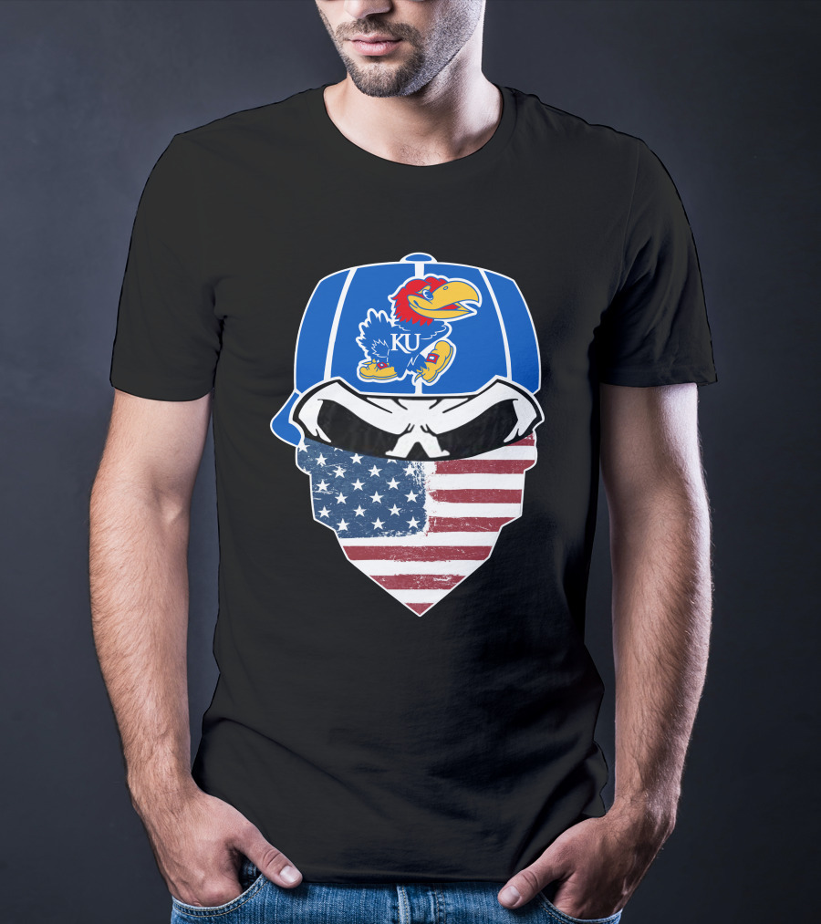KU Jayhawks Skull American Flag Bandana Cap T-Shirt