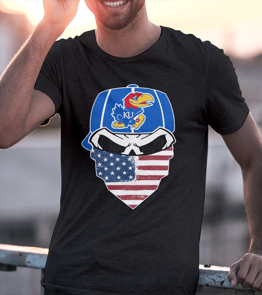KU Jayhawks Skull American Flag Bandana Cap T-Shirt