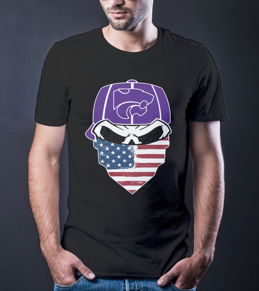 Kansas State Wildcats American Flag Skull Hat T-Shirt