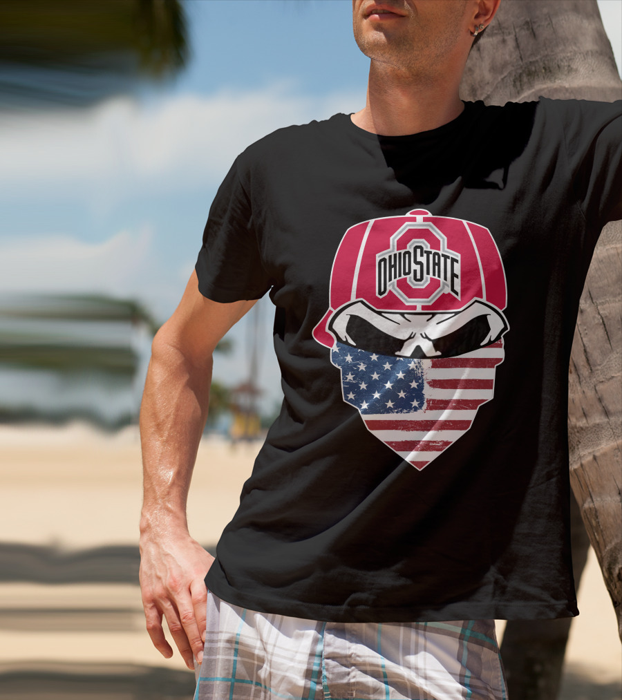 Ohio State Buckeyes Skull American Flag Bandana T-Shirt