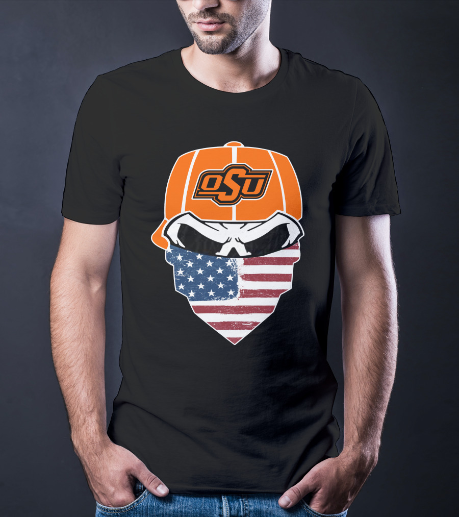 Oklahoma State OSU Skull American Flag Bandana T-Shirt