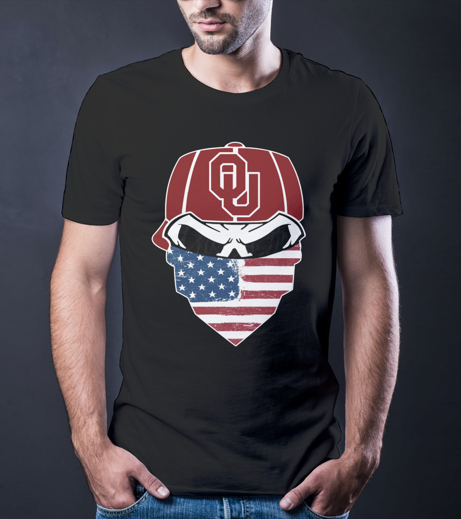 SOONERS Skuls OU American Flag Bandana Skull T-Shirt