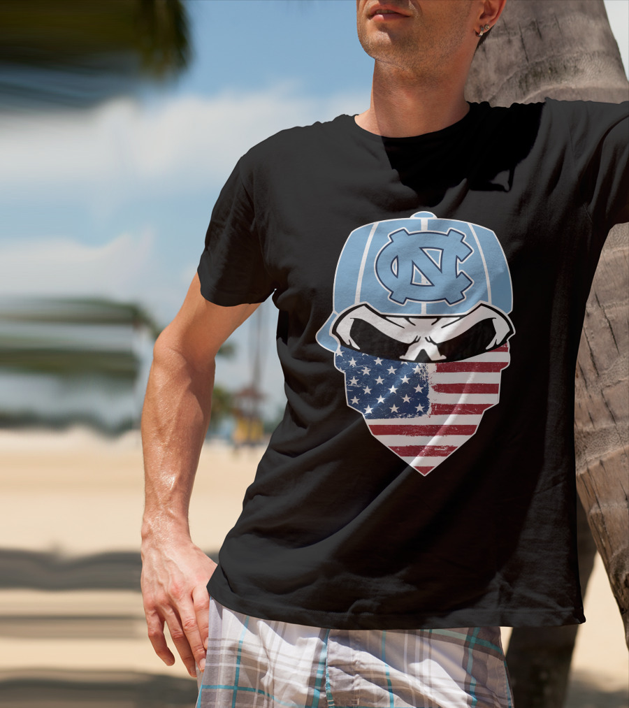 UNC Tar Heels Skull American Flag Bandana T-Shirt