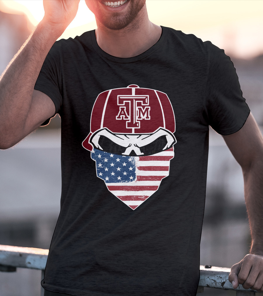 Texas A&M Aggies Skull With American Flag Bandana T-Shirt